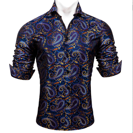 Simon.Von Blue Gold Paisley Silk Men's Shirt-CY-0461 - SimonVon Shop