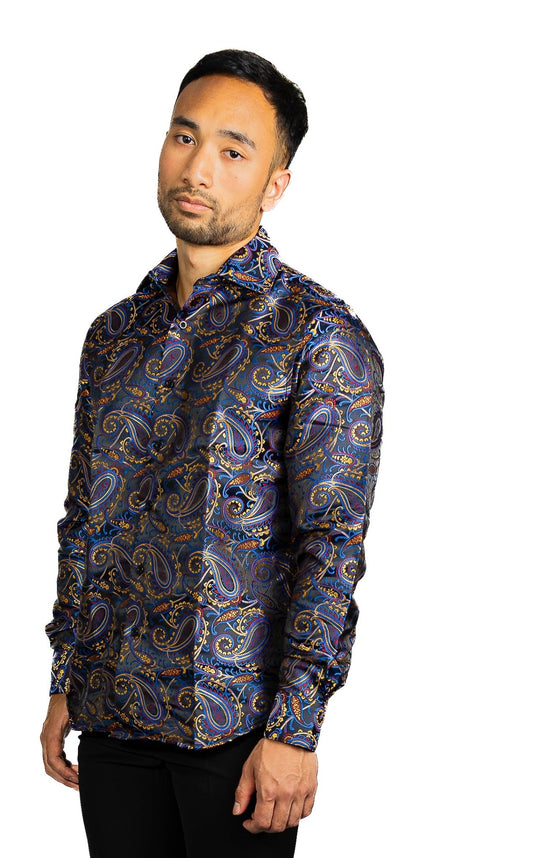 Simon.Von Blue Gold Paisley Silk Men's Shirt-CY-0461 - SimonVon Shop