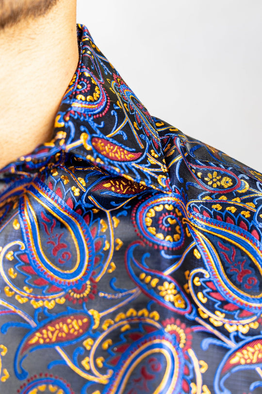 Simon.Von Blue Gold Paisley Silk Men's Shirt-CY-0461 - SimonVon Shop