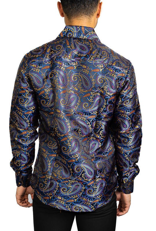 Simon.Von Blue Gold Paisley Silk Men's Shirt-CY-0461 - SimonVon Shop