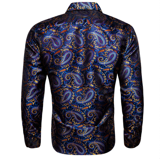 Simon.Von Blue Gold Paisley Silk Men's Shirt-CY-0461 - SimonVon Shop