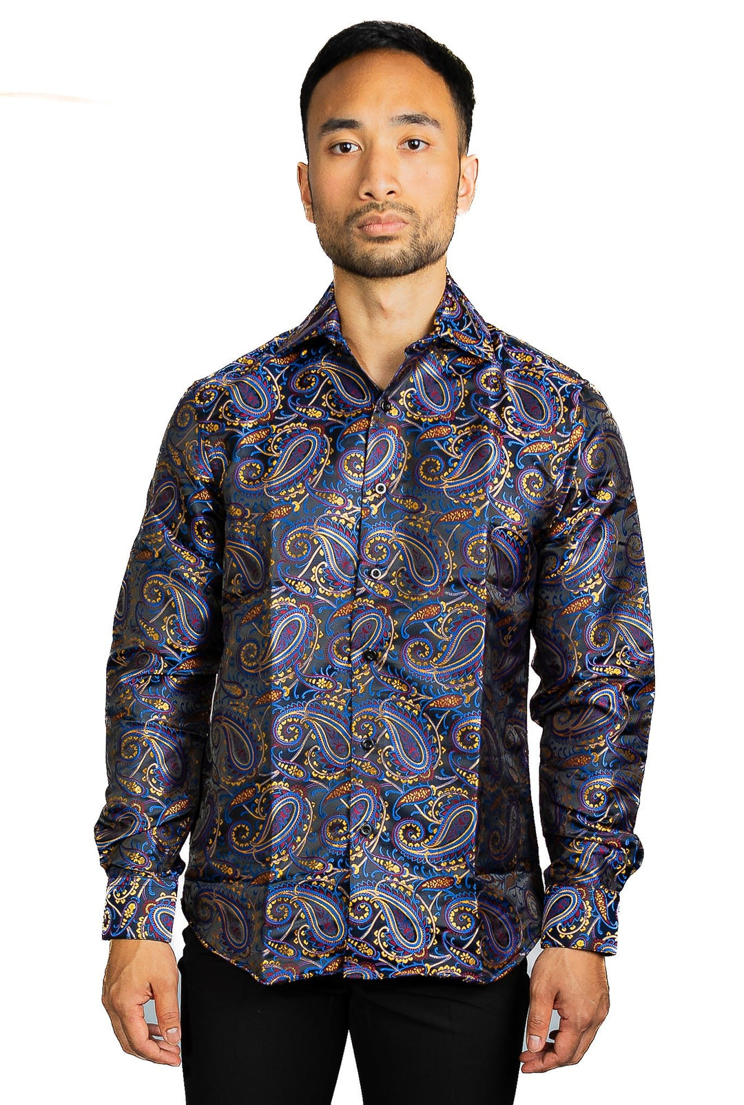 Simon.Von Blue Gold Paisley Silk Men's Shirt-CY-0461 - SimonVon Shop