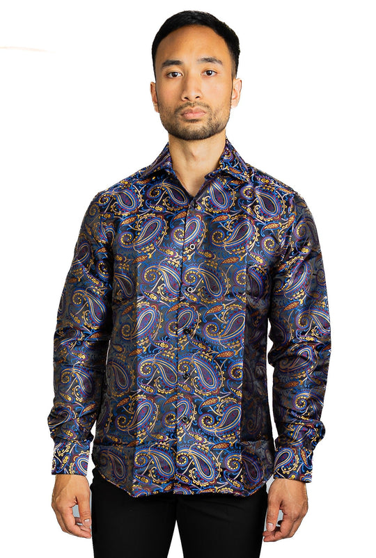 Simon.Von Blue Gold Paisley Silk Men's Shirt-CY-0461 - SimonVon Shop
