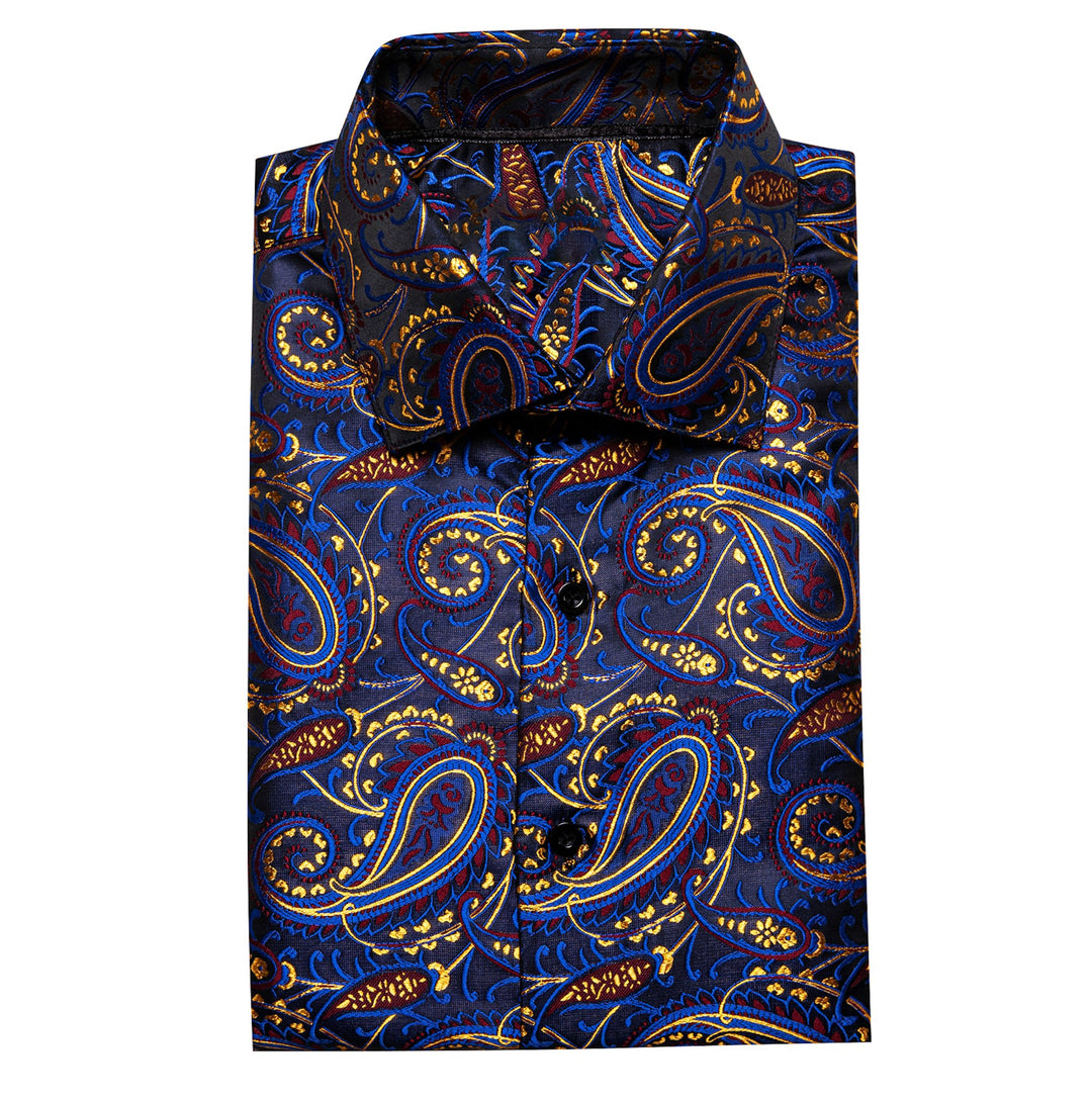 Simon.Von Blue Gold Paisley Silk Men's Shirt-CY-0461 - SimonVon Shop