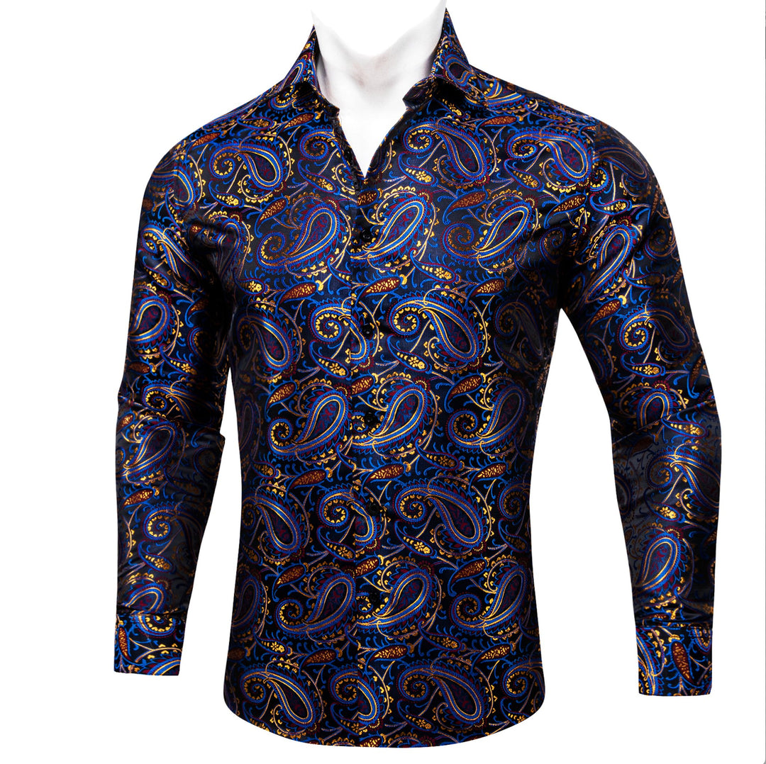 Simon.Von Blue Gold Paisley Silk Men's Shirt-CY-0461 - SimonVon Shop