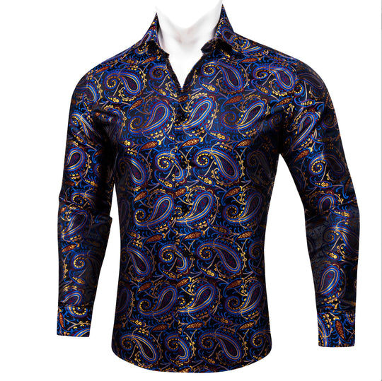 Simon.Von Blue Gold Paisley Silk Men's Shirt-CY-0461 - SimonVon Shop