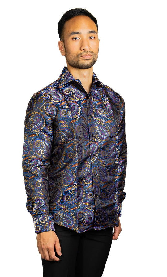 Simon.Von Blue Gold Paisley Silk Men's Shirt-CY-0461 - SimonVon Shop