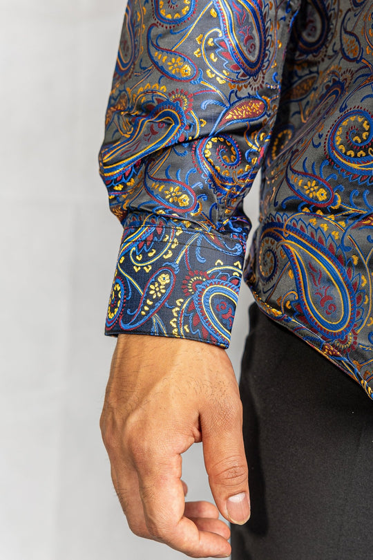 Simon.Von Blue Gold Paisley Silk Men's Shirt-CY-0461 - SimonVon Shop