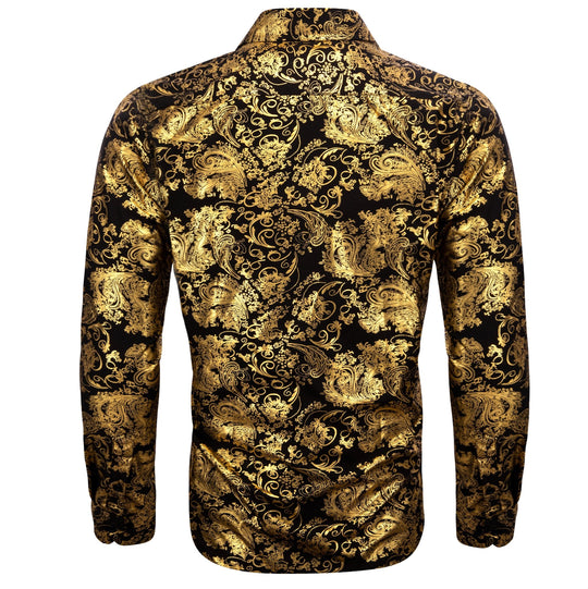 Simon.Von Bright Gold Black Paisley Silk Men's Shirt-CY-0591 - SimonVon Shop