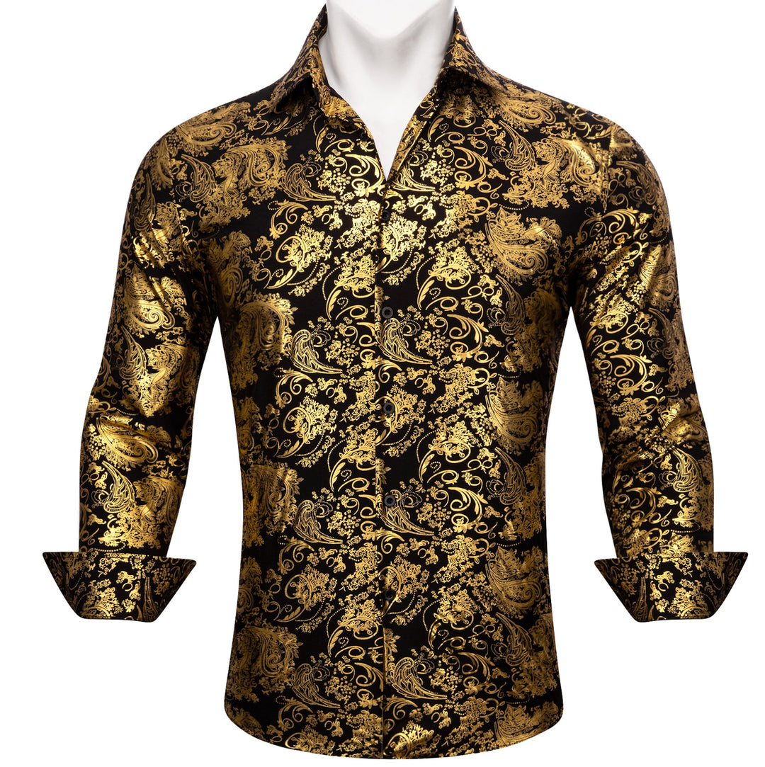 Simon.Von Bright Gold Black Paisley Silk Men's Shirt-CY-0591 - SimonVon Shop