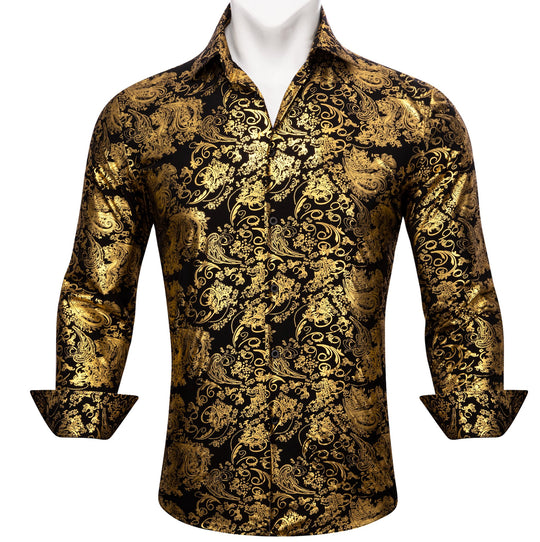 Simon.Von Bright Gold Black Paisley Silk Men's Shirt-CY-0591 - SimonVon Shop