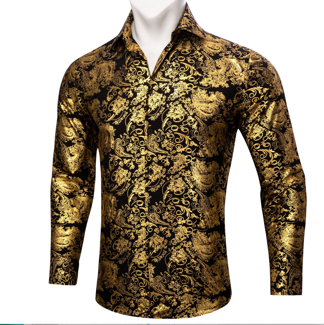 Simon.Von Bright Gold Black Paisley Silk Men's Shirt-CY-0591 - SimonVon Shop