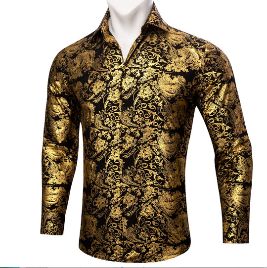 Simon.Von Bright Gold Black Paisley Silk Men's Shirt-CY-0591 - SimonVon Shop