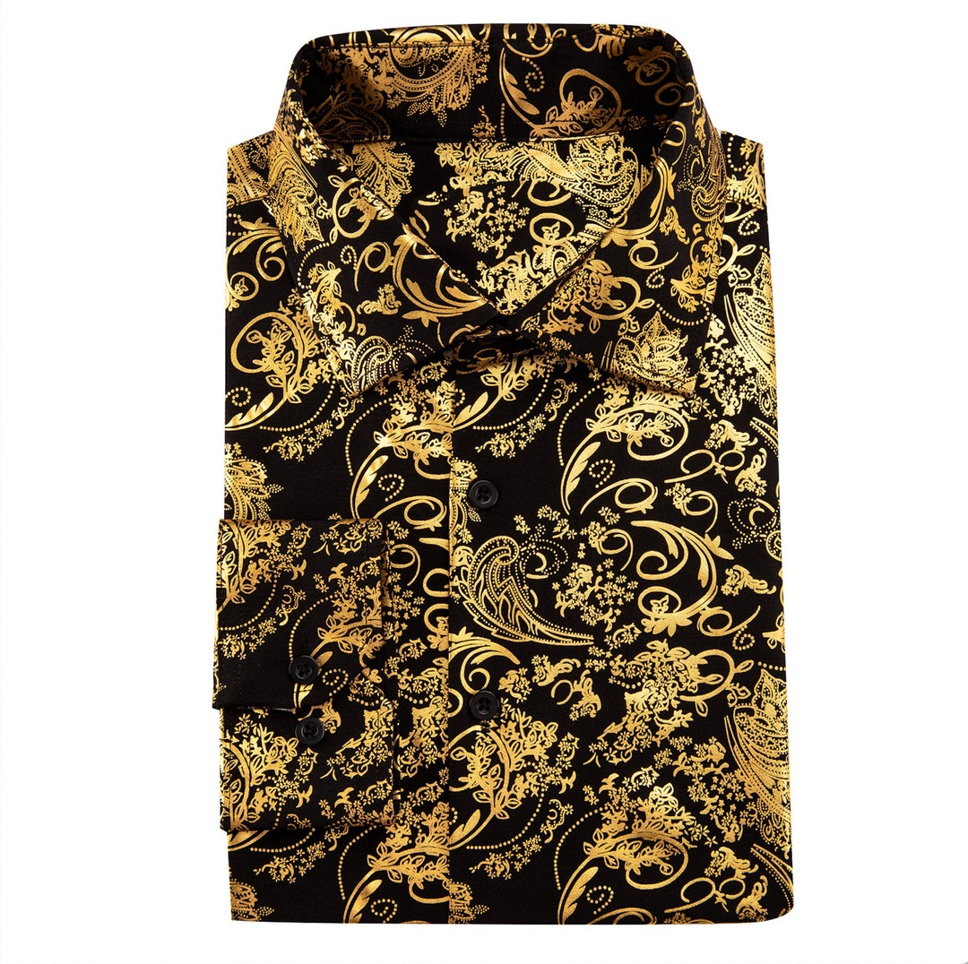 Simon.Von Bright Gold Black Paisley Silk Men's Shirt-CY-0591 - SimonVon Shop