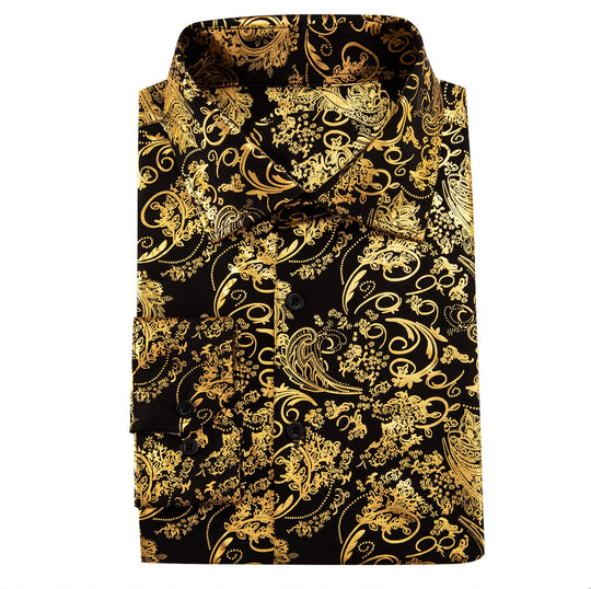 Simon.Von Bright Gold Black Paisley Silk Men's Shirt-CY-0591 - SimonVon Shop