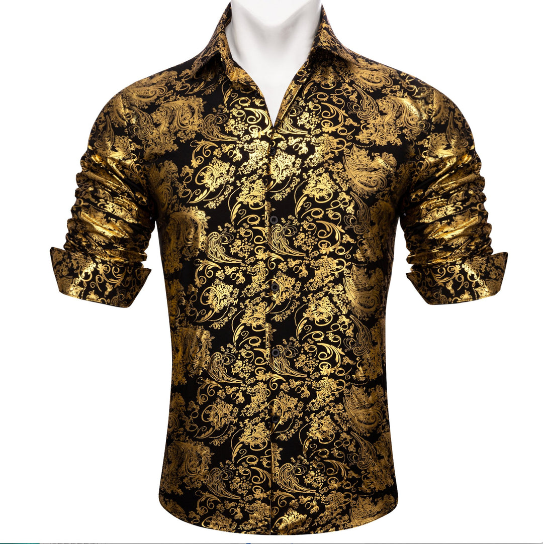 Simon.Von Bright Gold Black Paisley Silk Men's Shirt-CY-0591 - SimonVon Shop