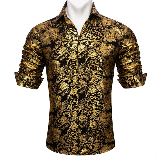 Simon.Von Bright Gold Black Paisley Silk Men's Shirt-CY-0591 - SimonVon Shop
