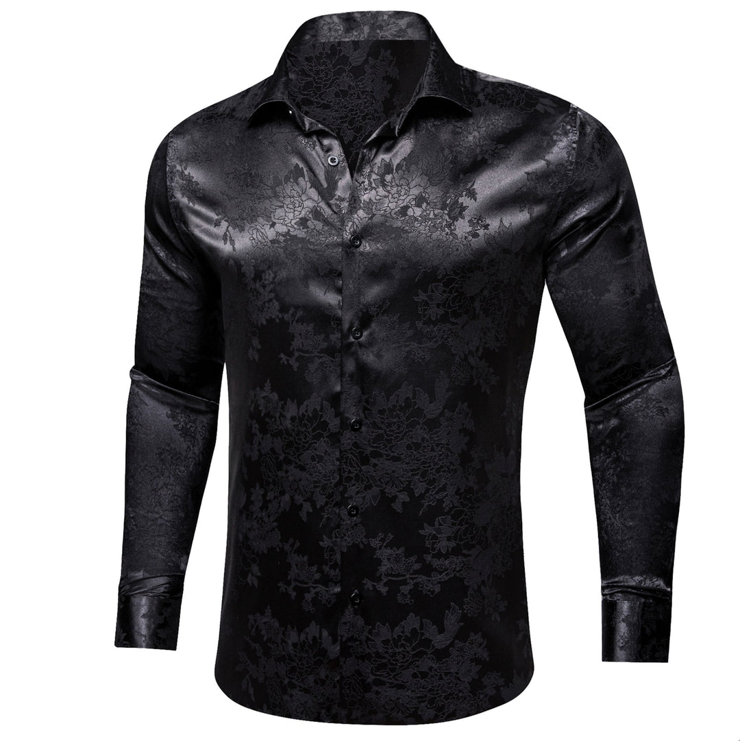 Simon.Von Casual Black Floral Silk Men's Long Sleeve Shirt-CY-0698 - SimonVon Shop