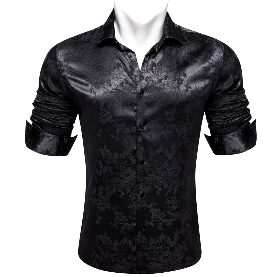 Simon.Von Casual Black Floral Silk Men's Long Sleeve Shirt-CY-0698 - SimonVon Shop
