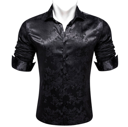 Simon.Von Casual Black Floral Silk Men's Long Sleeve Shirt-CY-0698 - SimonVon Shop