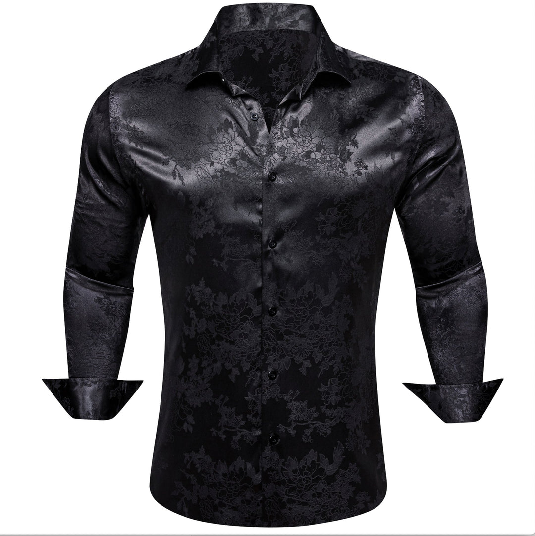 Simon.Von Casual Black Floral Silk Men's Long Sleeve Shirt-CY-0698 - SimonVon Shop