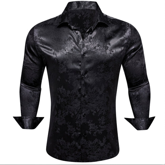 Simon.Von Casual Black Floral Silk Men's Long Sleeve Shirt-CY-0698 - SimonVon Shop