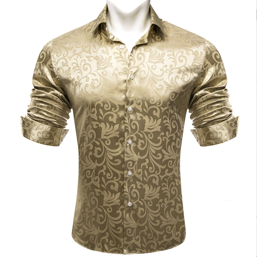 Simon.Von Champagne Gold Paisley Silk Men's Long Sleeve Shirt- CY-0689 - SimonVon Shop