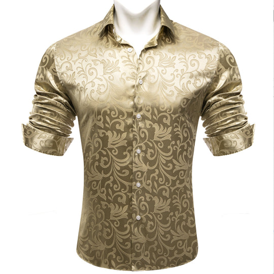 Simon.Von Champagne Gold Paisley Silk Men's Long Sleeve Shirt- CY-0689 - SimonVon Shop