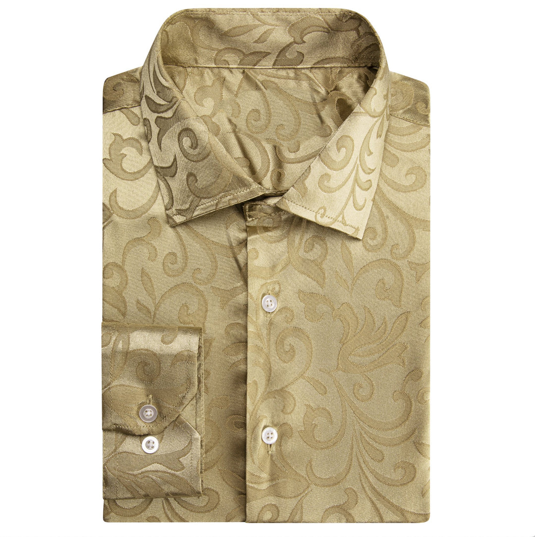 Simon.Von Champagne Gold Paisley Silk Men's Long Sleeve Shirt- CY-0689 - SimonVon Shop