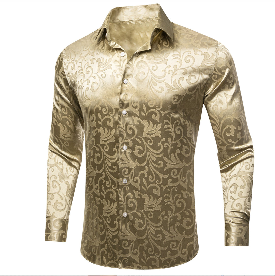 Simon.Von Champagne Gold Paisley Silk Men's Long Sleeve Shirt- CY-0689 - SimonVon Shop