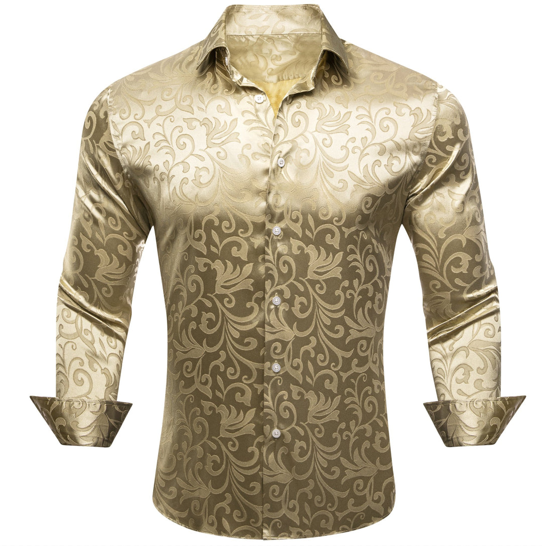 Simon.Von Champagne Gold Paisley Silk Men's Long Sleeve Shirt- CY-0689 - SimonVon Shop