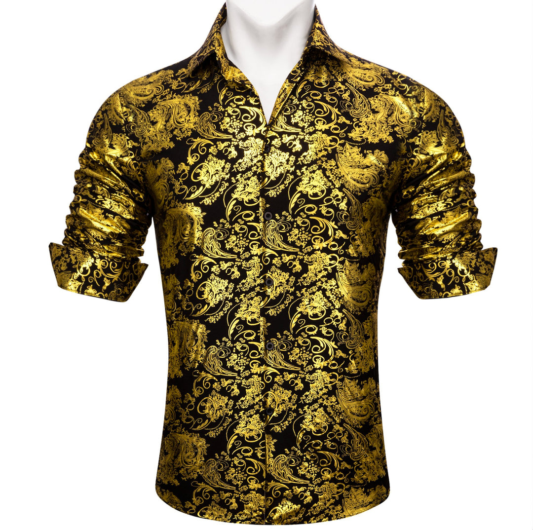 Simon.Von Classy Gold Black Paisley Silk Men's Shirt-CY-0590 - SimonVon Shop