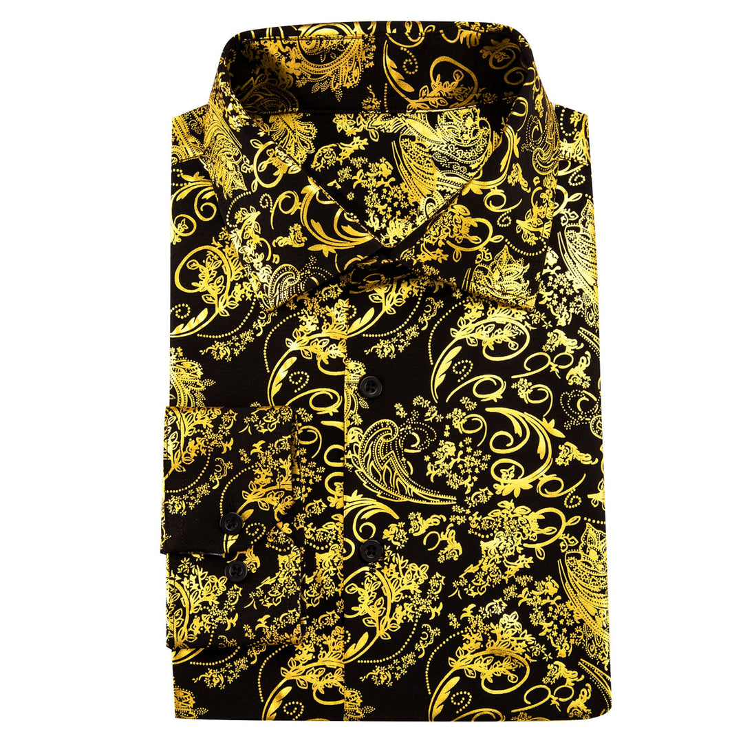 Simon.Von Classy Gold Black Paisley Silk Men's Shirt-CY-0590 - SimonVon Shop