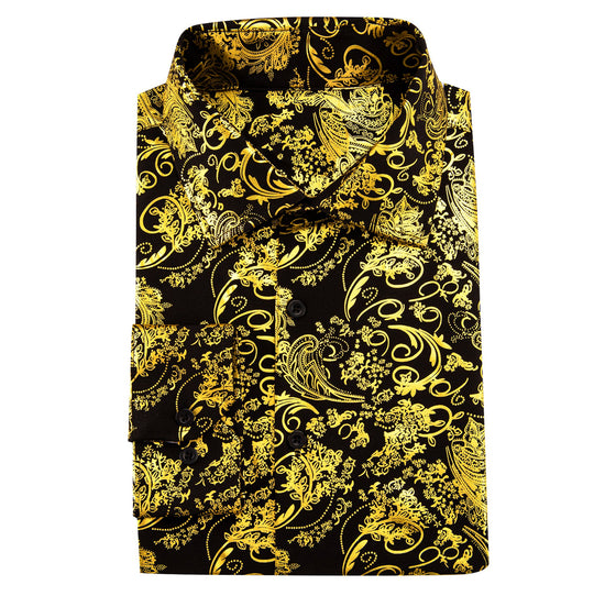 Simon.Von Classy Gold Black Paisley Silk Men's Shirt-CY-0590 - SimonVon Shop