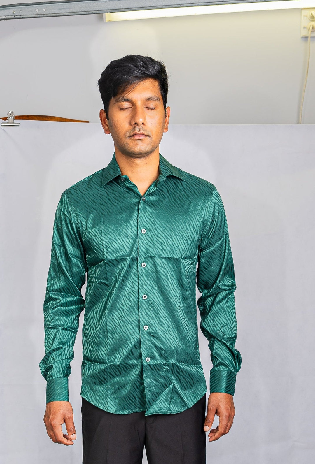 Simon.Von Grass Green Ripple Silk Men's Shirt- CY-0676 - SimonVon Shop