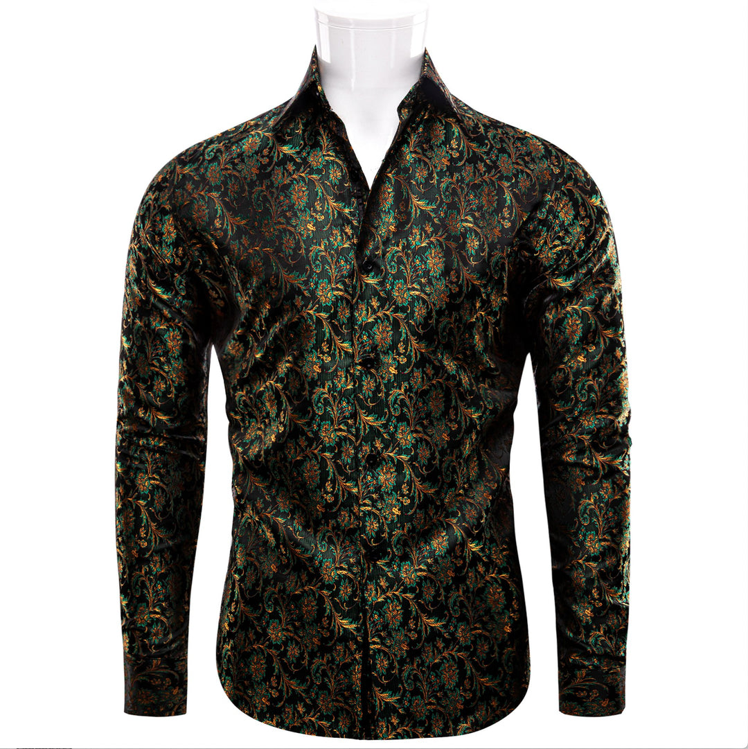 SIMON.VON GREEN GOLD FLORAL SILK MEN'S SHIRT- CY-9009 - SimonVon Shop