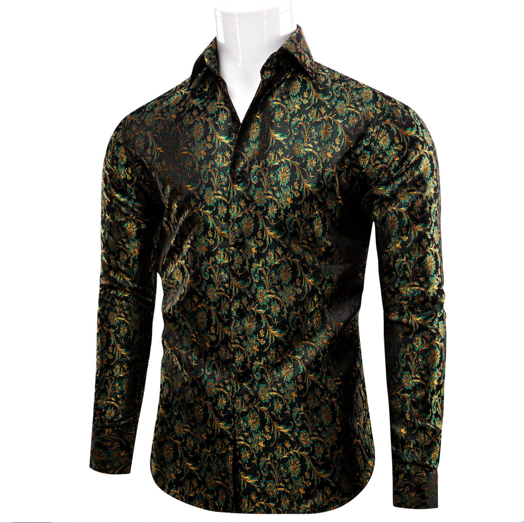SIMON.VON GREEN GOLD FLORAL SILK MEN'S SHIRT- CY-9009 - SimonVon Shop