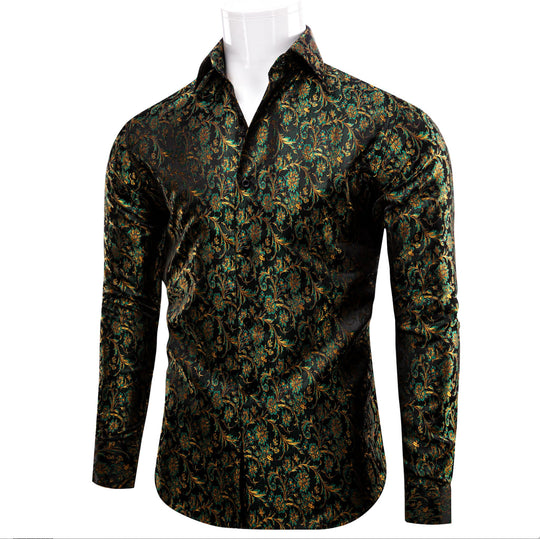 SIMON.VON GREEN GOLD FLORAL SILK MEN'S SHIRT- CY-9009 - SimonVon Shop