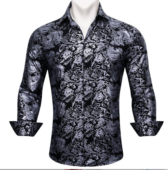 Simon.Von Grey Black Paisley Silk Men's Shirt- CY-0593 - SimonVon Shop