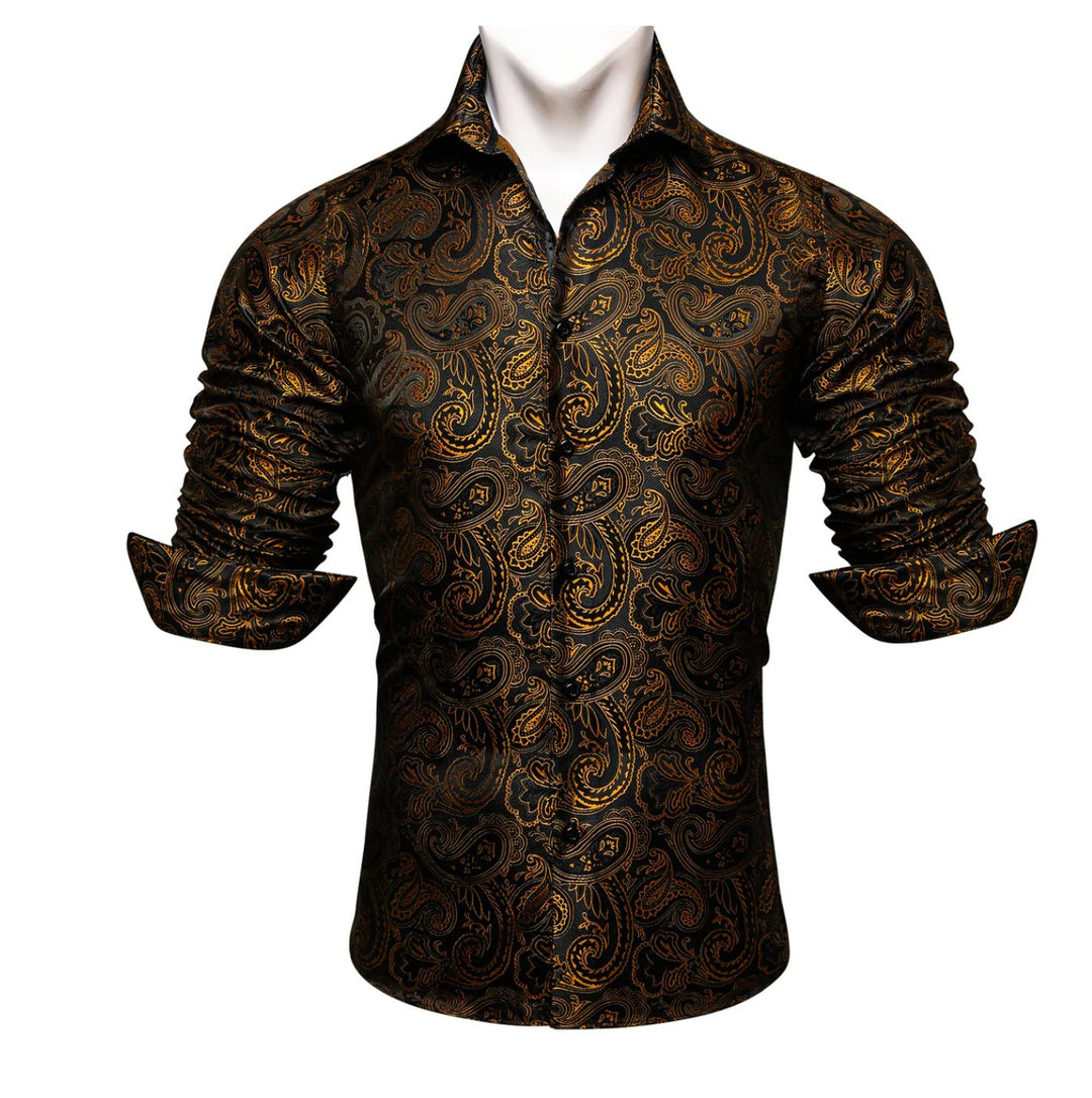 Simon.Von Long Sleeve Shirt Black Golden Paisley Silk Shirt -CY-0445 - SimonVon Shop