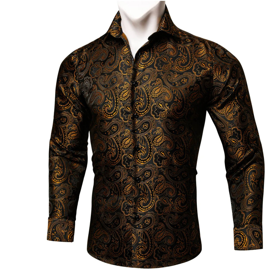 Simon.Von Long Sleeve Shirt Black Golden Paisley Silk Shirt -CY-0445 - SimonVon Shop