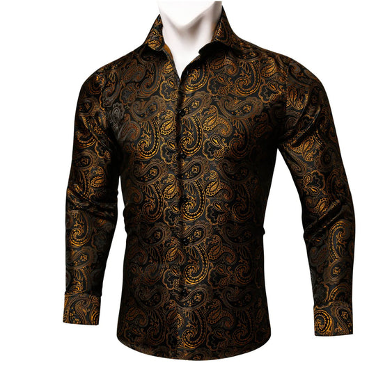 Simon.Von Long Sleeve Shirt Black Golden Paisley Silk Shirt -CY-0445 - SimonVon Shop