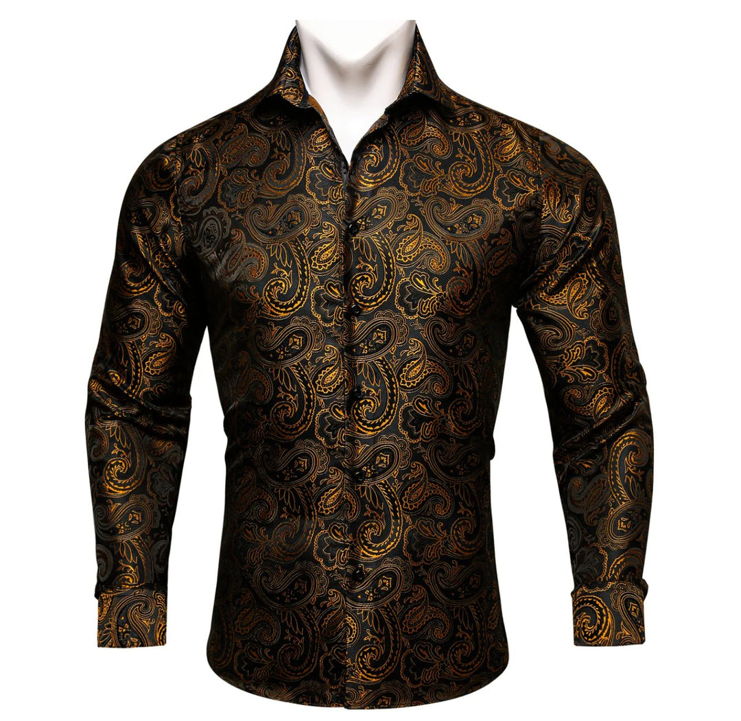 Simon.Von Long Sleeve Shirt Black Golden Paisley Silk Shirt -CY-0445 - SimonVon Shop
