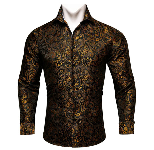 Simon.Von Long Sleeve Shirt Black Golden Paisley Silk Shirt -CY-0445 - SimonVon Shop