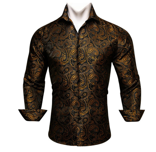 Simon.Von Long Sleeve Shirt Black Golden Paisley Silk Shirt -CY-0445 - SimonVon Shop