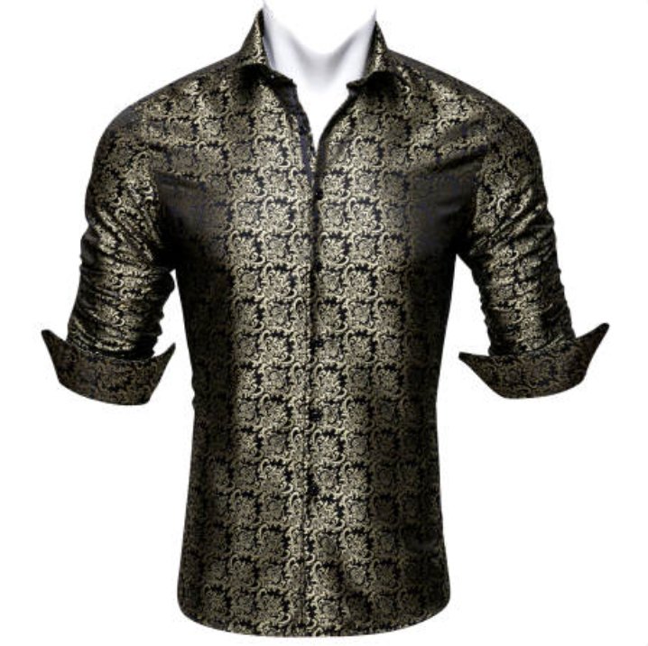 SimonVon New Fashionable Black Golden Silk Floral Long Sleeve Men's Shirt CY-0065 - SimonVon Shop