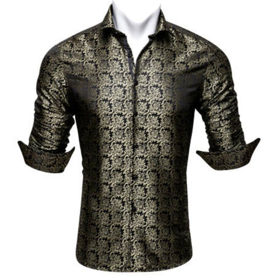 SimonVon New Fashionable Black Golden Silk Floral Long Sleeve Men's Shirt CY-0065 - SimonVon Shop