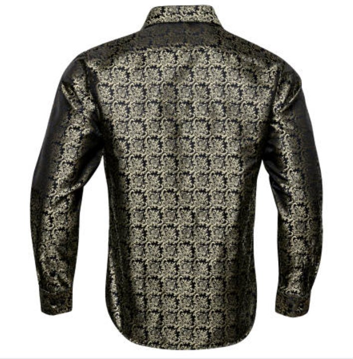 SimonVon New Fashionable Black Golden Silk Floral Long Sleeve Men's Shirt CY-0065 - SimonVon Shop