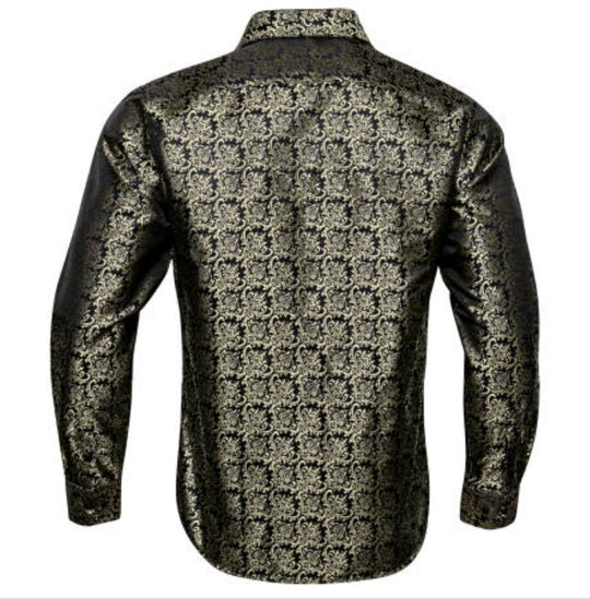 SimonVon New Fashionable Black Golden Silk Floral Long Sleeve Men's Shirt CY-0065 - SimonVon Shop