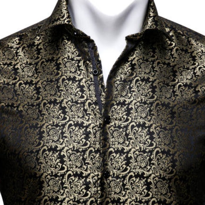 SimonVon New Fashionable Black Golden Silk Floral Long Sleeve Men's Shirt CY-0065 - SimonVon Shop